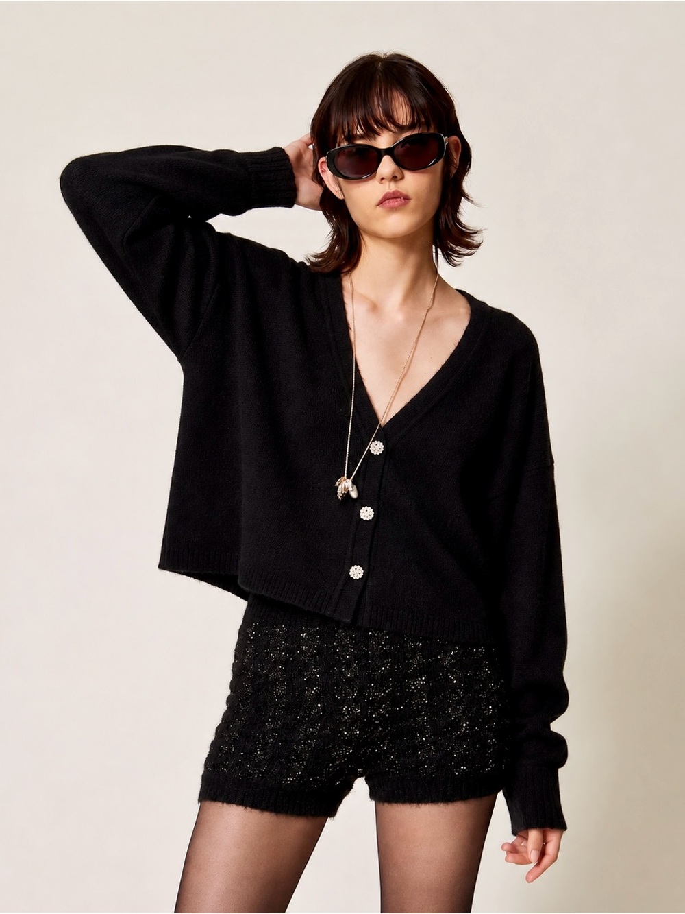 ba&sh Cropped Ultra-Fine Double Knit Cardigan With Rhinestone Buttons M